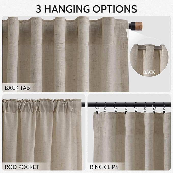 Nanspring Modern Farmhouse Linen Curtains 96 Inches Long for Living Room Cobblestone Light Filtering Semi Sheer Curtain Back Tab and Rod Pocket Coastal Decor Drapes for Bedroom 52x96, 2 Panels