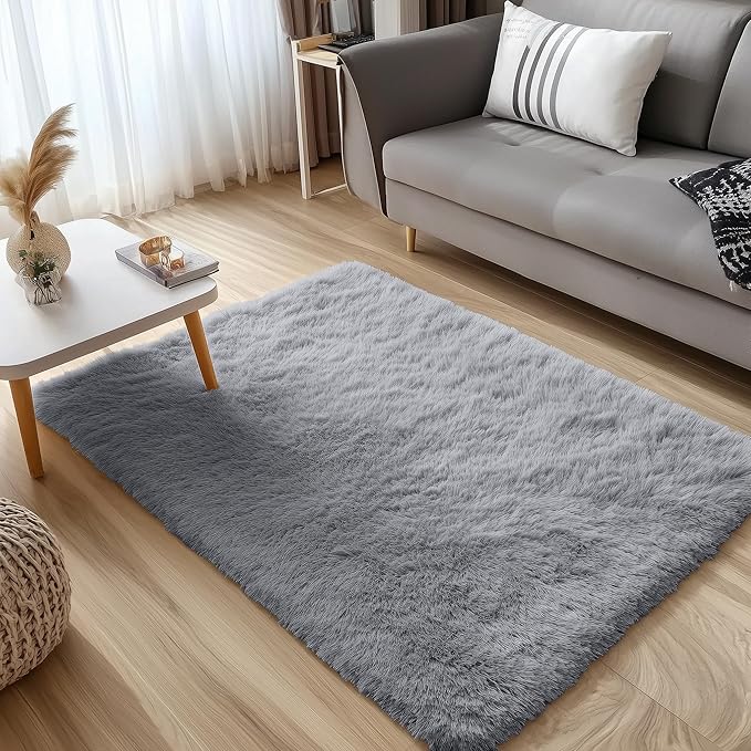 OLANLY 3x6 Machine Washable Runner Rugs for Hallway, Soft Fluffy Shaggy Bedside Rugs for Bedroom, Living Room, Indoor Floor Carpet for Kids Girls and Boys, Nursery Rooms, Home Decor, Light Grey