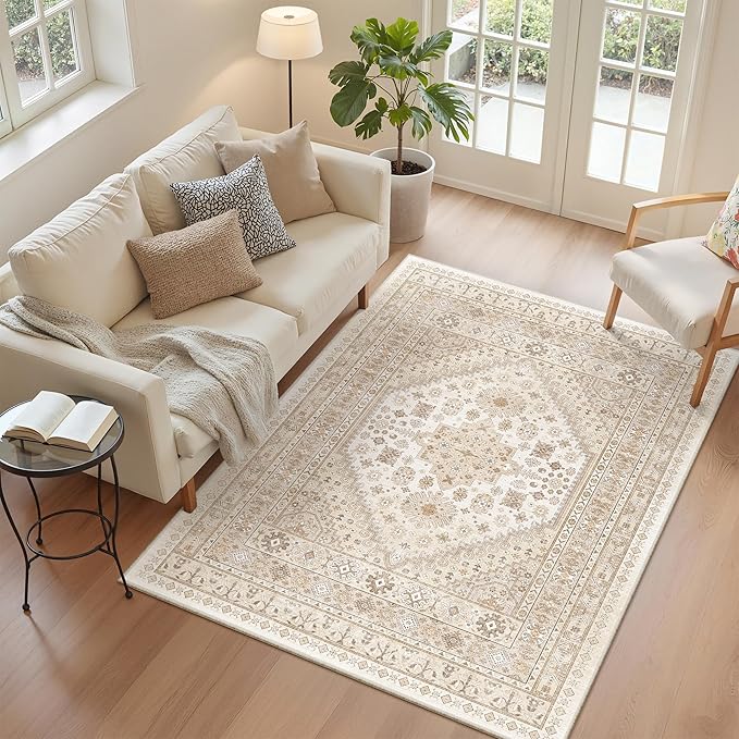 zesthome 3x5 Rug Ultra Soft Washable Rug, Non Slip Area Rug Indoor Entrance, Stain Resistant Rugs for Living Room Bedroom, Vintage Home Decor Area Rugs (Cream/Beige,3'x5')