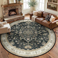 Area Rugs Round 8ft Washable Non-Slip, Floral Vintage Distress Print Pattern Medallion Carpet for Living Room Bedroom Dining Room, Vintage Black Brown Neutral