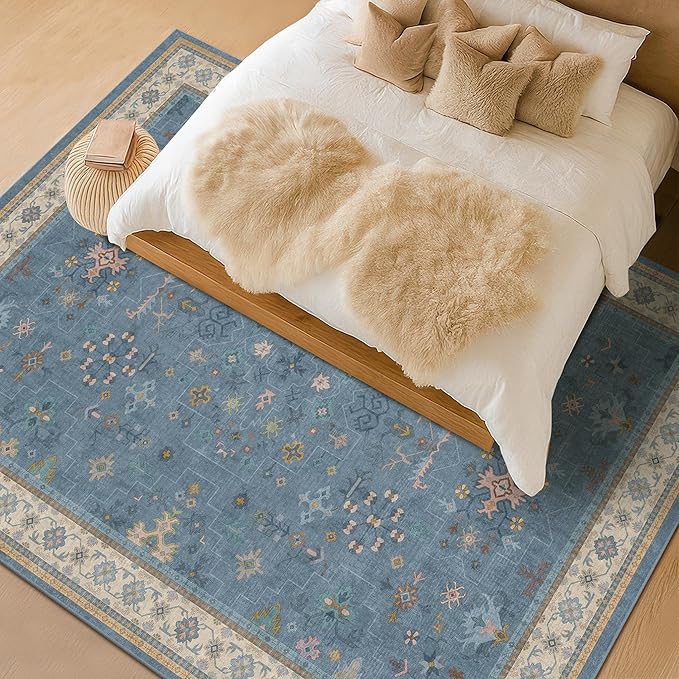 Hazo Haus Boho 9x12 Soft Rugs for Living Room - Dark Blue Rugs for Bedroom Aesthetic, Dining Room Under Kitchen Table, Washable Soft Non Slip Large Area Eclectic Unique Décor