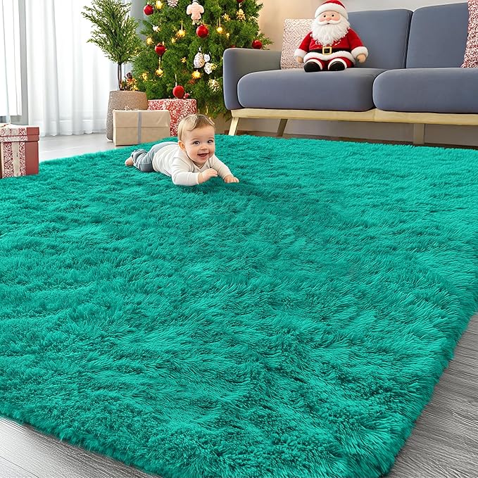 OLANLY 9x12 Machine Washable Large Area Rugs for Living Room, Bedroom, Soft Fluffy Shaggy Bedside Rug, Indoor Floor Carpet for Kids Girls and Boys, Dorms, Nursery, Home Decor Aesthetic, Teal Green