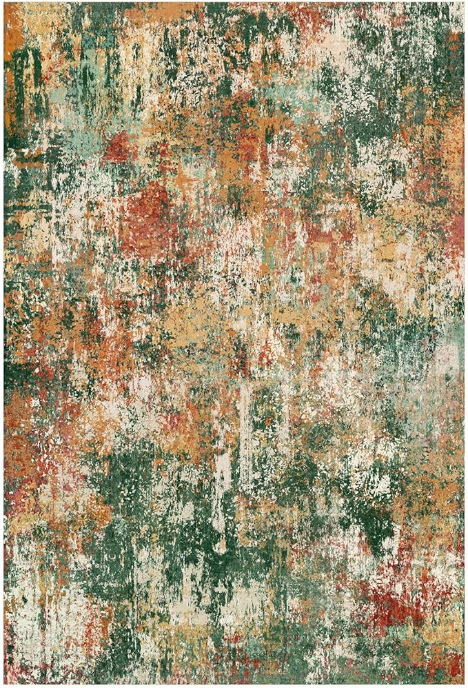 Washable Area Rugs 2'x8' Non-Slip Modern Abstract Soft for Living Room Entryway Bedroom Nursery, Print Pattern, Green Orange Rust Red Cream Colorful
