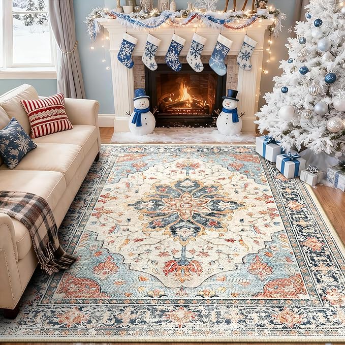 RELEANY Area Rugs 9'x12' Washable Non-Slip, Floral Vintage Distress Print Pattern Medallion Carpet for Living Room Bedroom Dining Room, Beige Navy Blue Orange Colorful