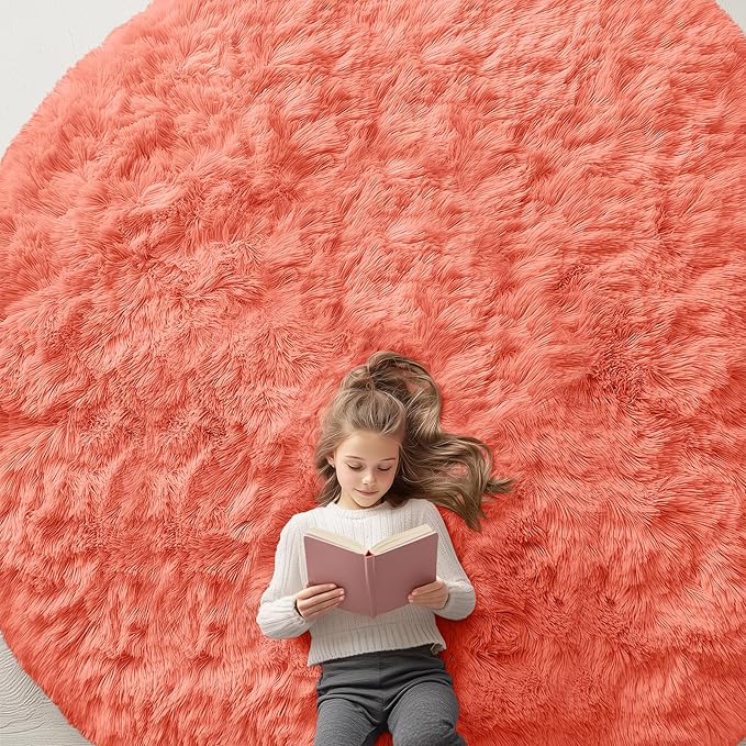 OLANLY Coral Red Round Rugs for Bedroom - Machine Washable, 9 ft Circle Area Rugs for Living Room, Soft and Fluffy Shaggy Carpet for Teen Girl and Boys, Nursery Rooms, Dorms, Home Decor Aesthetic