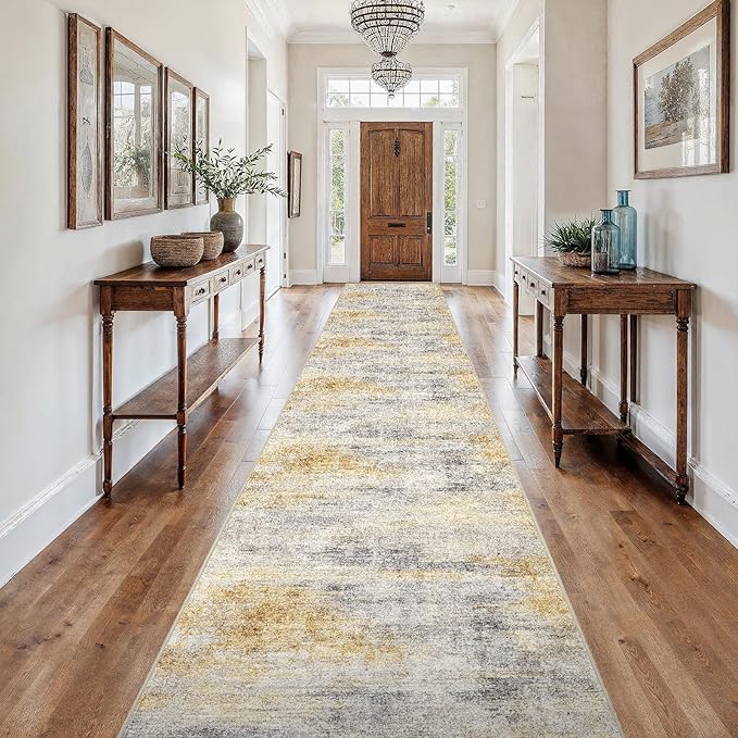 3x18 Washable Kitchen Runner Rug: Modern Abstract Runners for Hallway Soft Non Slip Rugs with Rubber Backing Low Pile Thin Waterproof Floor Carpet for Entryway Bedroom Bathroom Indoor 3x18 Grey/Yellow