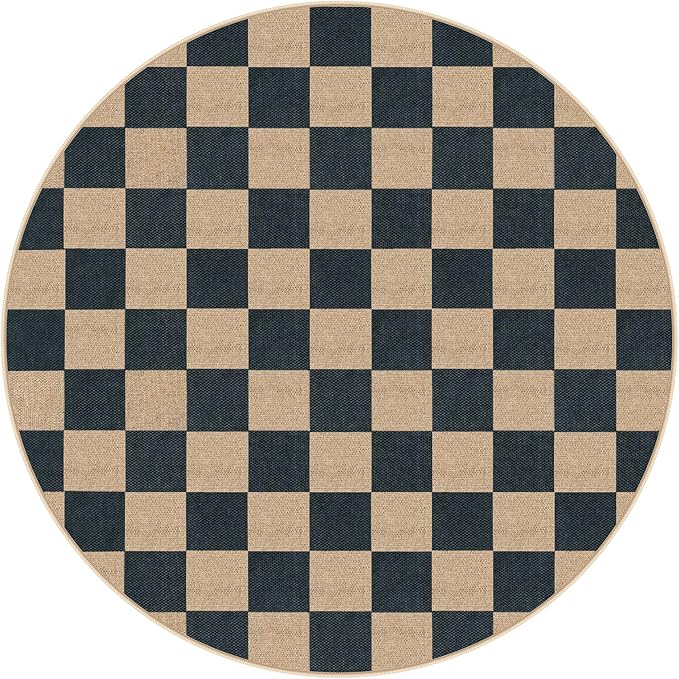 Lahome Colette Checkered Round Rugs 6ft, Outdoor Patio Easy Jute Rug Indoor Outdoor Circle Carpet, Farmhouse Nature Non Shedding Non Slip Washable Black Carpet for Living Room Entry Deck