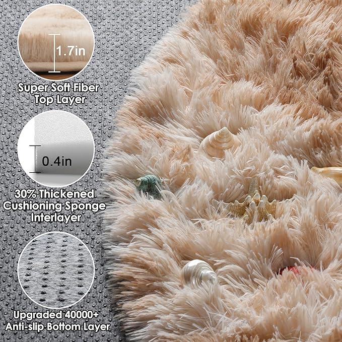 ONASAR Round Rugs 6ft for Living Room Bedroom, Tie-Dye Beige Fluffy Circle Area Rug for Kids Girls Boys Teen, Soft Plush Shaggy Carpet for Nursery Dorm Classroom Playroom Home Decor Aesthetic