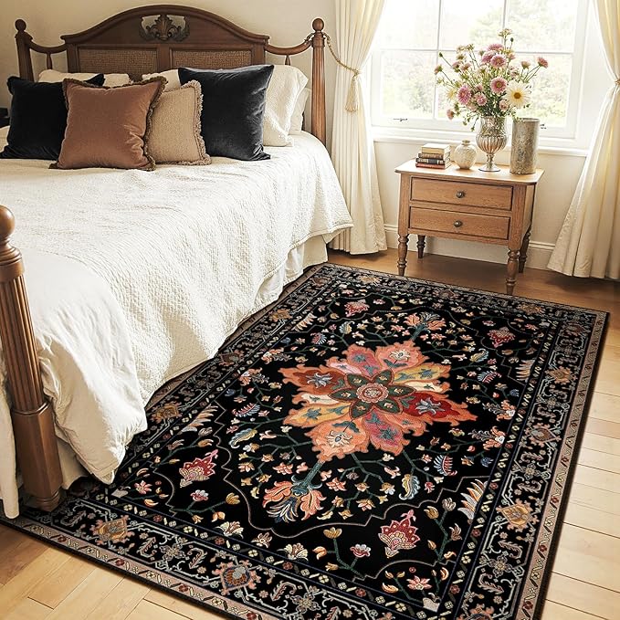 Area Rugs 4'x5' Washable Non-Slip, Floral Vintage Distress Print Pattern Medallion Carpet for Living Room Bedroom Dining Room, Black Colorful Floral Dark Tan