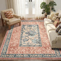 GarveeHome Terracotta Teal Washable 5x7 Area Rugs, Botanical Grove Vintage Cottage core Non-Slip Rug for Bedroom Living Room Nursery Kitchen Low-Pile Retro Carpet