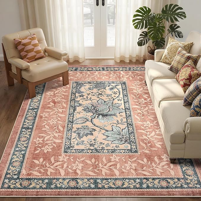 GarveeHome Terracotta Teal Washable 5x7 Area Rugs, Botanical Grove Vintage Cottage core Non-Slip Rug for Bedroom Living Room Nursery Kitchen Low-Pile Retro Carpet