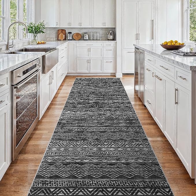 3x15 Washable Kitchen Runner Rug: Modern Moroccan Runners for Hallway Soft Non Slip Rugs with Rubber Backing Low Pile Thin Waterproof Floor Carpet for Entryway Bedroom Bathroom Indoor 3x15 Black