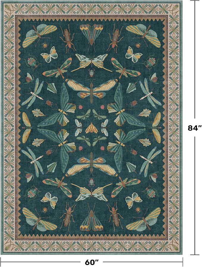 Hazo Haus Insect Teal Green 5x7 Area Rug for Living Room - Cottage Core Rug for Bedroom, Dining Room, Kids Playroom, Home Office, Floral Vintage Whimsical Butterfly Washable Non Slip Floor Décor
