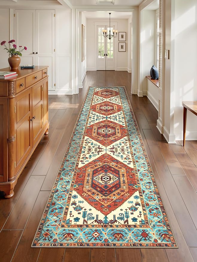 SERISSA Runner Rug for Hallways, 2'6"x12' Washable Non Slip Kitchen Runner Rug, Extra Long Boho Rug Ultra Soft Vintage Orange Print Floor Carpet for Bedroom Hallway Entryway Bathroom Laundry Room