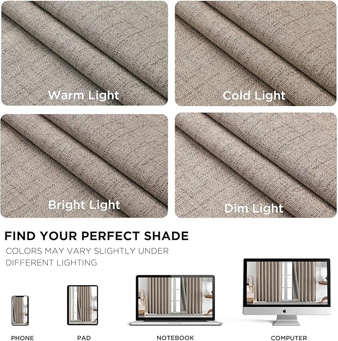 Joydeco 100% Blackout Curtains for Bedroom - Natural Linen Curtains 42" Wx 63" L Long, Thermal Insulated 2 Panels Linen Light Blocking Drapes, Rod Pocket & Back Tabs for Living Room