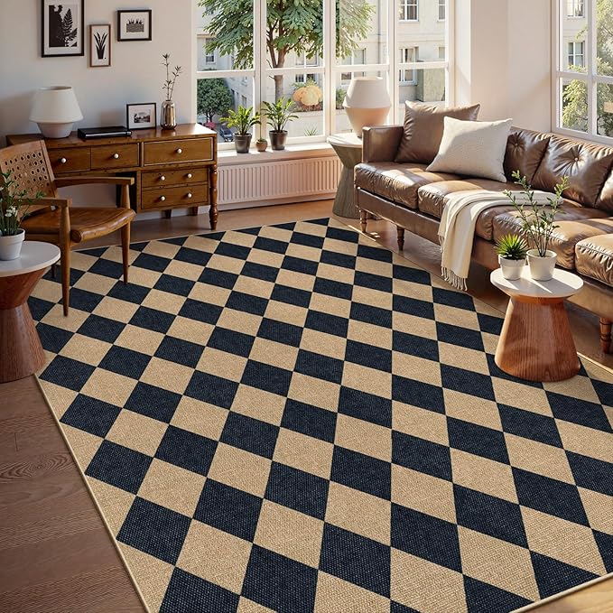 Lahome Colette Checkered Easy Jute Area Rug 8x10, Large Living Room Patio Rug Checkerboard Indoor Outdoor Carpet, Farmhouse Geometric Non Slip Black Carpet for Backyard Dining Room