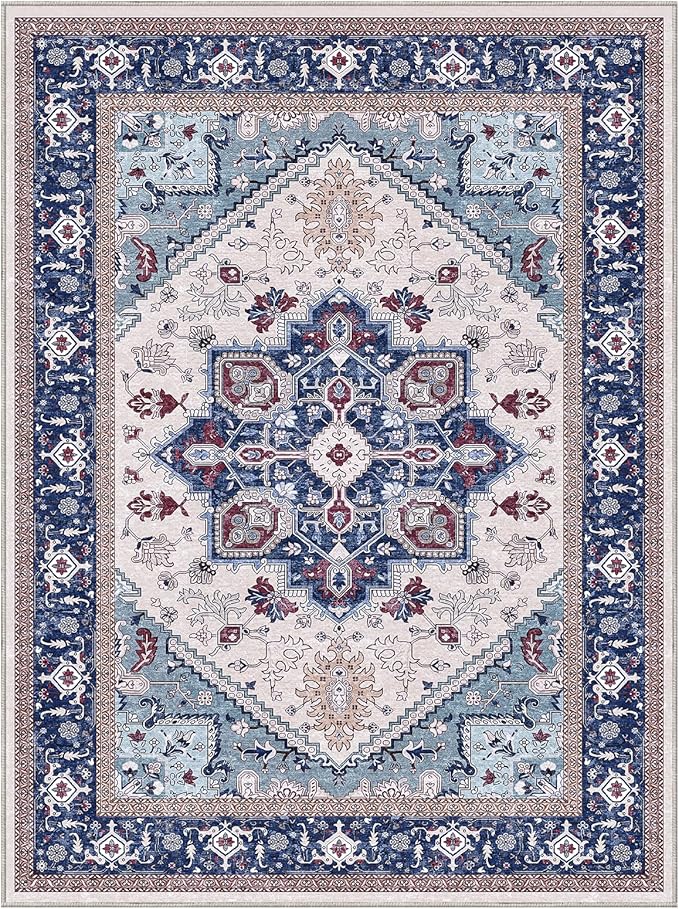 OPPODREAM Soft Area Rugs 9x12 Living Room, Washable Rugs 9x12 with Non Slip Backing, Faux Cashmere Low-Pile 9 x 12 Carpet, Navy Blue & Red & Cream