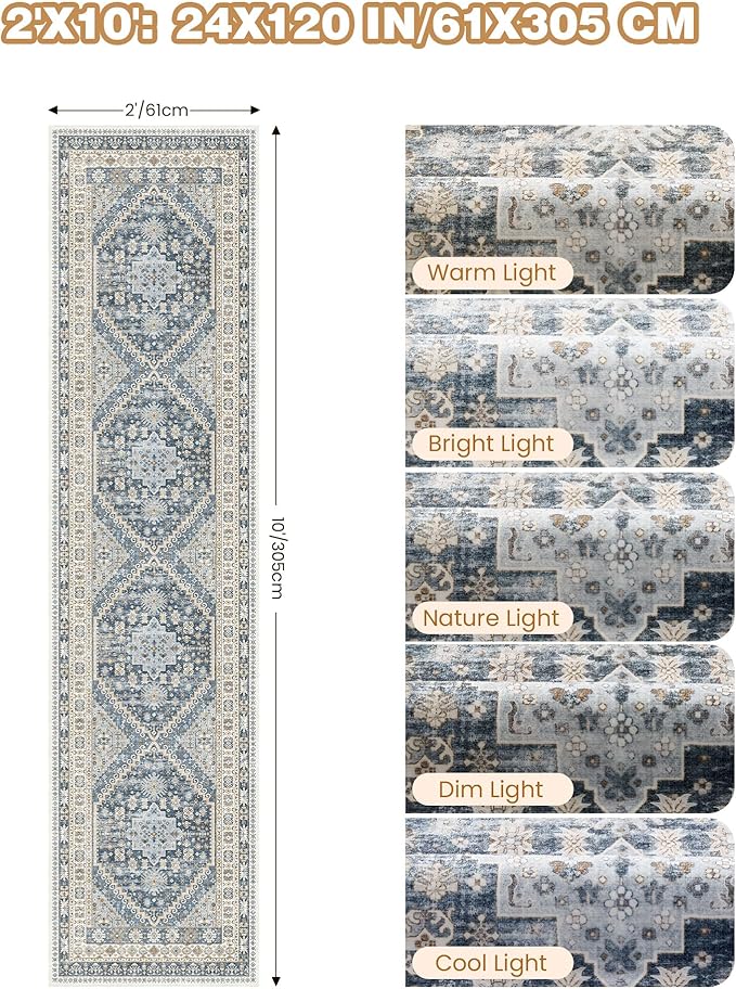 Runner Rug 2x10, Ultra-Thin Kitchen Rugs Non Slip Washable Rugs for Entryway Rug, Kitchen Runner Low Pile Vintage Soft Carpets for Living Room, Bathroom Bedroom (Blue/Beige,2'x10')