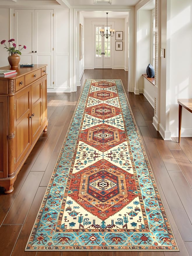 SERISSA Runner Rug for Hallways, 2'6"x14' Washable Non Slip Kitchen Runner Rug, Extra Long Boho Rug Ultra Soft Vintage Orange Print Floor Carpet for Bedroom Hallway Entryway Bathroom Laundry Room