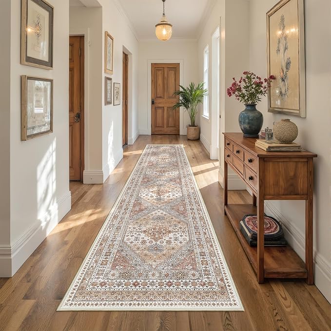 Carpet Runners for Hallway 12ft, Non-Slip Long Bathroom Rugs Runner for Kitchen, Living Room, Bedroom, Soft Vintage Washable Rug for Entryway, Thin Floor Mat for Dining Room(Orange,2.5'x12')