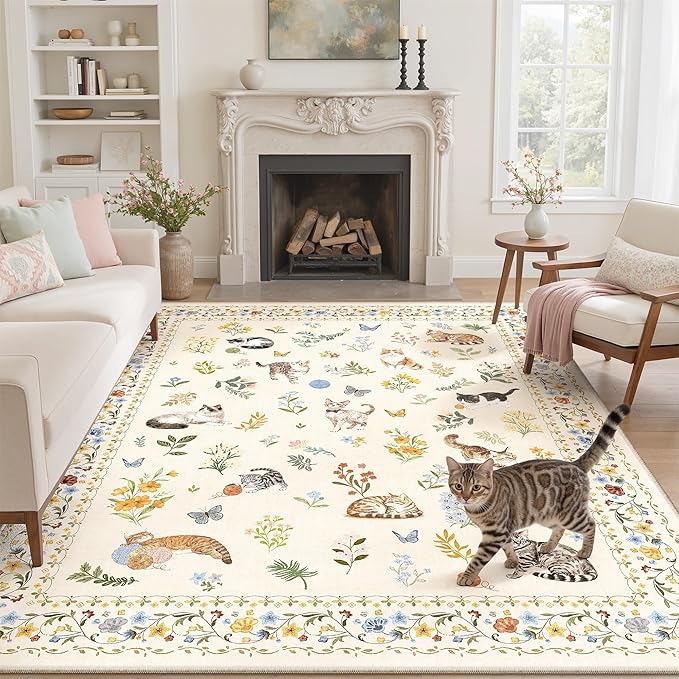 Soalmost Cat 6x9 Area Rugs for Living Room, Machine Washable Animal Floral Vintage Rug Non-Slip Low Pile Soft Throw Rugs for Bedroom Dining Room Kitchen Nursery Playroom (6 x 9,Beige)