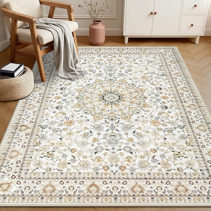 4x6 Area Rugs for Living Room: Washable Rug Soft Vintage Boho Carpet Indoor Floor Non-Slip Stain Resistant Floral Large Carpets for Bedroom Dining Room Farmhouse Nursery Home Office Beige