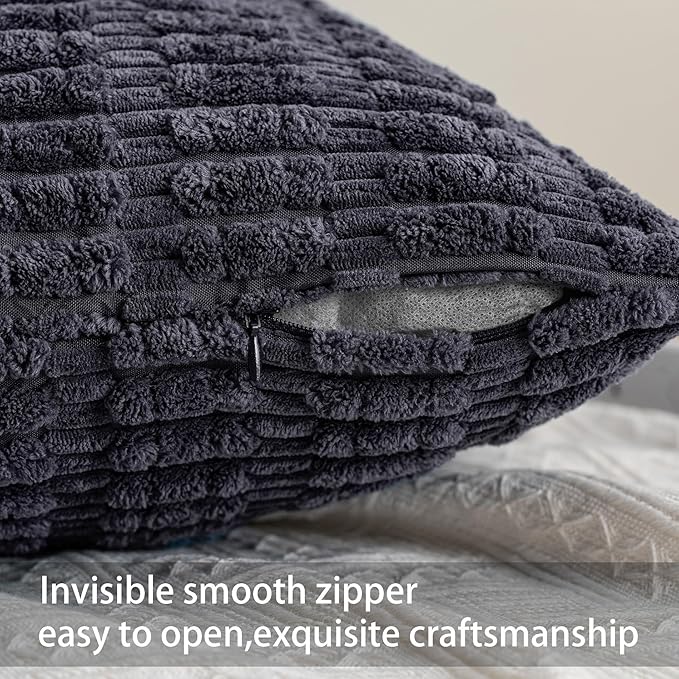 Pack of 2 Corduroy Decorative Throw Pillow Covers 18x18 InchSoft Boho Striped Pillow Covers Modern Farmhouse Home Decor for Sofa Living Room Couch Bed（Dark Grey）