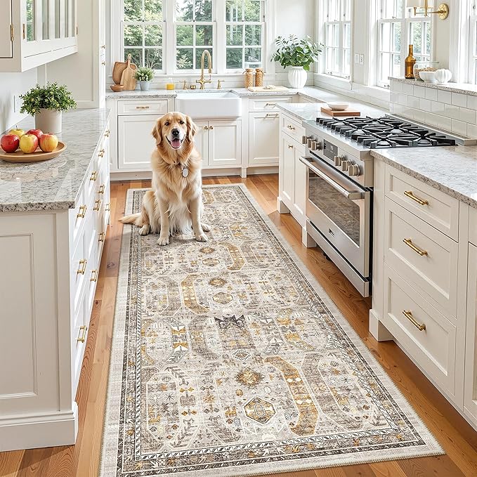 Madane Hallway Runner 3x8, Kitchen Rugs Washable Entryway Rug Vintage Kitchen Runners Non Slip Indoor Area Rug Farmhouse Carpet Runner for Bathroom Living Room Bedroom (3 X 8, Brown/Gold)