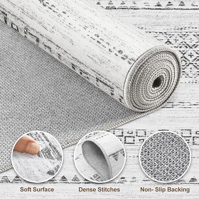 Nakagishi Area Rug Living Room Rugs: 5x7 Machine Washable Boho Large Neutral Farmhouse Stain Resistant Moroccan Indoor Floor Carpet for Bedroom Nursery Dorm Classroom Playroom Dining Room House- Grey