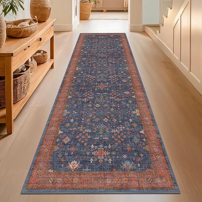 Navy Blue Washable 10 ft Long Runner for Kitchen Floor - 2'6"X10' Runner Rug for Hallway, Entryway, Pet Friendly Waterproof Non Slip with Rubber Backing, Stain Resistant Area Rug