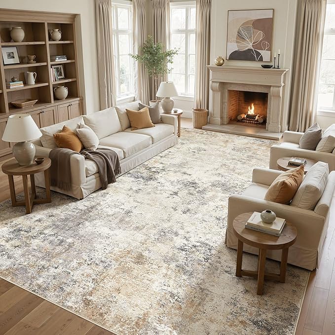 UERMEI 12x15 Area Rug Living Room Rugs - Washable Neutral Modern Abstract Soft Thin Large Rug Indoor Floor No Slip Rug Carpet for Bedroom Under Dining Table Home Office Decor - Golden Grey