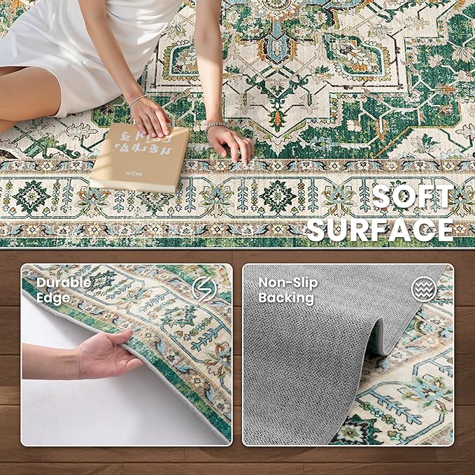 zesthome 9x12 Area Rugs,Stain Resistant Washable Rug,Ultra-Thin Rugs for Living Room,Bedroom,Non-Slip Backing Home Decor Large Area Rug (Green,9'x12')