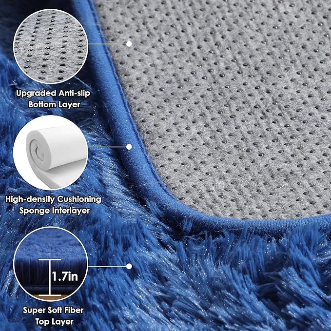 ONASAR Navy Blue Runner Rugs for Bedroom Living Room, Fluffy 2x6 Bedside Hallway Area Rug, Ultra Soft Plush Furry Faux Fur Non Slip Floor Carpet for Nursery Kids Dorm Closet Home Decor
