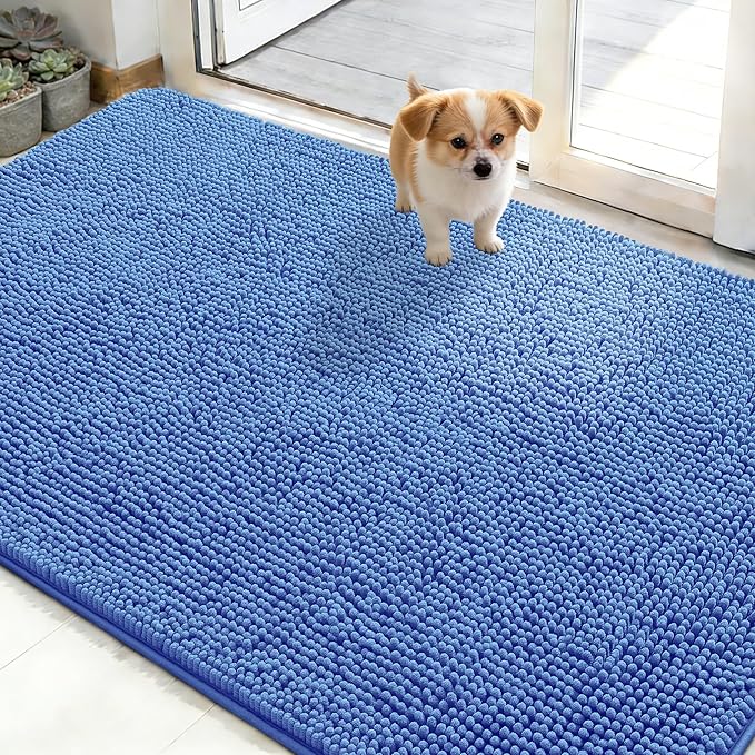 OLANLY Dog Door Mat for Muddy Paws 50x30, Absorbs Moisture and Dirt, Absorbent Non-Slip Washable Doormat, Quick Dry Chenille Mud Mat, Entry Indoor Entryway Carpet for Inside Floor, Cornflower Blue