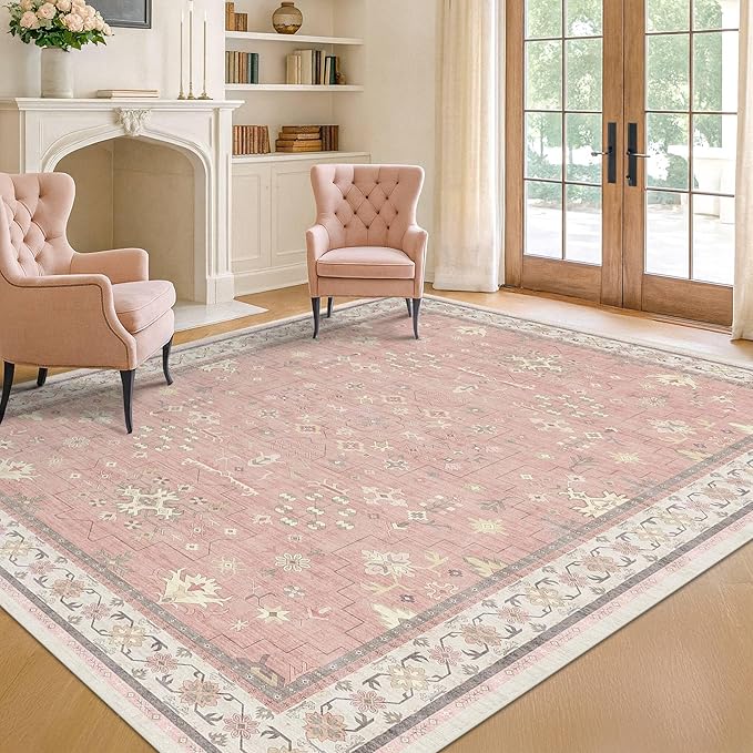 Blush Pink Girls Rugs for Bedroom - Nursery Floral Area Rug 5x7, Machine Washable Non Slip Kids Playroom Play Mat, Vintage Thin Low Pile Carpet for Living Room, Dorm