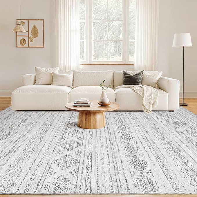 Nakagishi 10x14 Area Rug Living Room: Washable Boho Large Neutral Soft Farmhouse Modern Rugs Stain Resistant Moroccan Non-Slip Indoor Carpet for Bedroom Nursery Kids Office Dining Room- Dark Grey