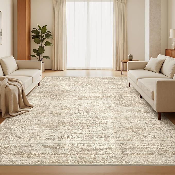 5x7 Area Rugs, Ultra-Thin Washable Rugs for Living Room, Anti-Slip Backing Area Rug for Bedroom, Soft Abstract Vintage Home Decor Rug for Dining Room(5'x7', Beige/Ivory)