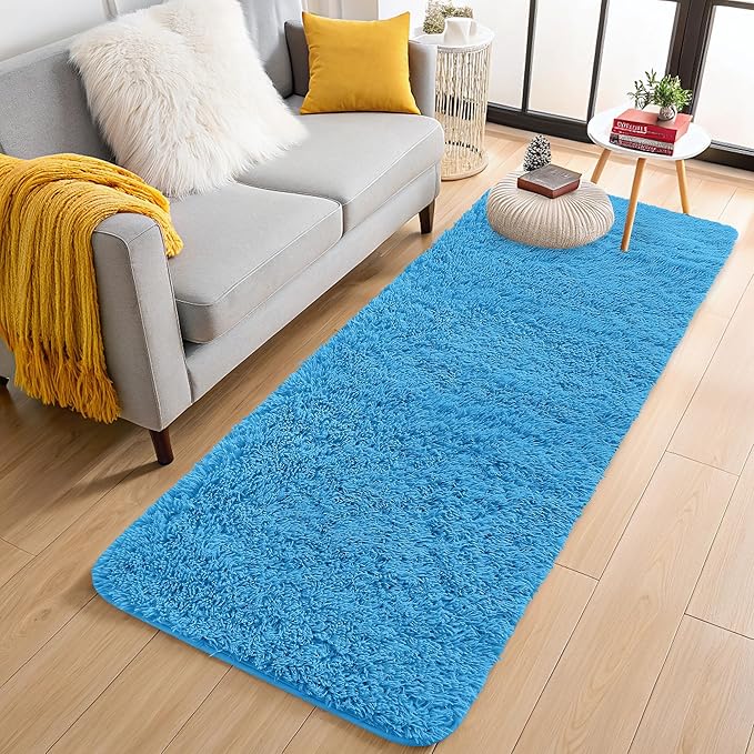 OLANLY 2x8 Machine Washable Runner Rugs for Hallway, Soft Fluffy Shaggy Bedside Rugs for Bedroom, Living Room, Indoor Floor Carpet for Kids Girls and Boys, Home Decor Aesthetic, Bright Blue