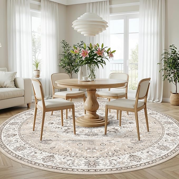 Washable 8ft Round Area Rug - Living Room Oriental Non Slip Soft Rugs Indoor Low Pile Stain Resistant Carpet for Bedroom Dining Room Farmhouse Distressed Thin Home Decor Floor Mat(8Round,Beige)