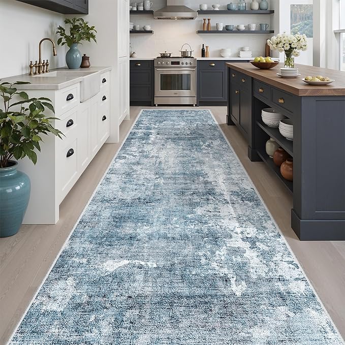 Runner Rug 3x10 Washable Non-Slip Hallway Runner Rugs for Kitchen Bathroom Laundry Room Blue/Grey Vintage Floor Carpet Runners for Hallways Entryway