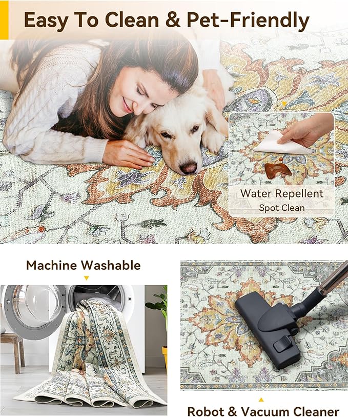 RELEANY Area Rugs 2'x10' Runner Rug Non Slip Washable for Kitchen Hallway Bedroom Beside Laundry Room Bathroom Rug, Floor Carpet, Light Yellow Carbon Grey Orange