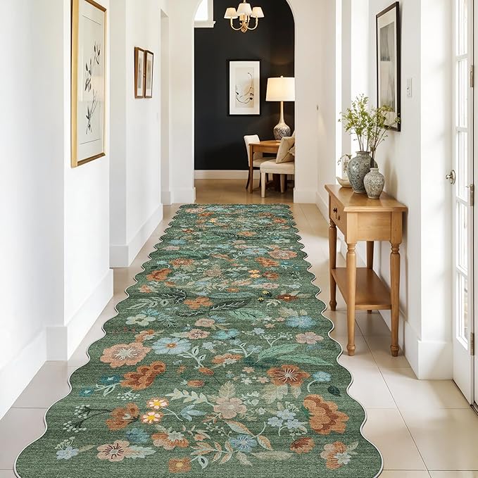 Washable 3x10 Hallway Runner Rug: Floral Scalloped Soft Runners for Entryway Kitchen Nursery Non Slip Bathroom Floor Mat Water Resistant Light Weight Carpet for Living Room Bedroom (3x10 Floral/Green)