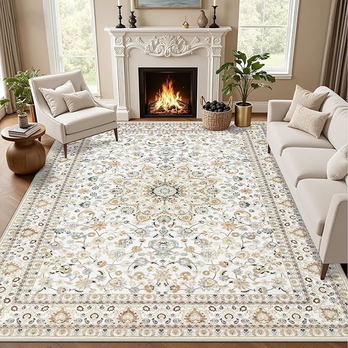 Area Rugs 10x14 Living Room Rug: Washable Rug Soft Vintage Boho Carpet Indoor Floor Non-Slip Stain Resistant Large Carpets for Bedroom Dining Room Farmhouse Nursery Home Office Beige