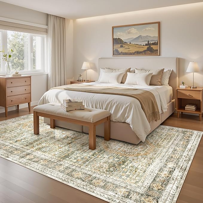 5x7 Area Rugs Green Orange Low Pile Indoor Washable Trendy Faded Style Rugs for Bedroom Living Room Dining Room Foldable Non-Slip Thin Print Mat
