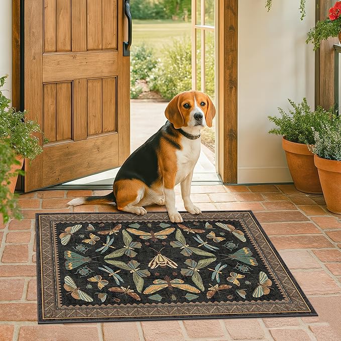 Small Black Entryway Rug - 2x3 Front Door Rug Indoor Entrance, Small Carpet for Kitchen Floor, Bathroom, Powder Room, Washable Low Pile Non Slip, Insect Print Home Décor
