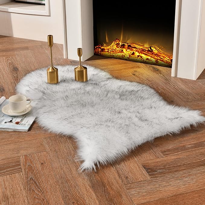 duduta White Black Faux Sheepskin Throw Rug 2x3 ft, Fluffy Shag Fur Chair Cover Small Bedside Dorm Rug Non Slip Machine Washable