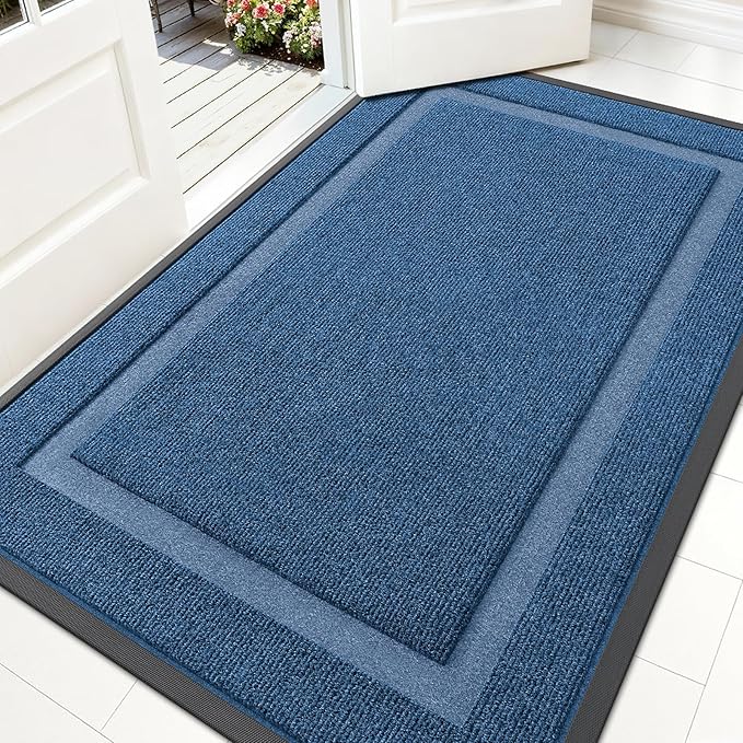 OLANLY Front Door Mat Indoor Outdoor Entrance, Waterproof All-Season, All-Weather Doormat, Sturdy Natural Rubber, Fade Resistant, Low Profile, Easy Clean Patio Porch Entryway Mat, 59x30, Light Blue