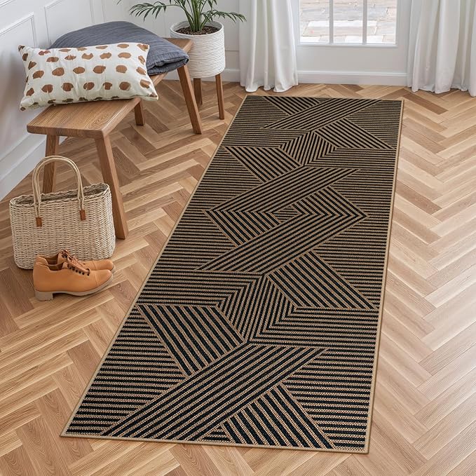 Lahome Enfys Modern Geometric Runner Rug, 2x6 Washable Rug Runners for Hallways Non Slip, Black Outdoor Carpet with Rubber Backing, Farmhouse Non Shedding Kitchen Mats for Floor Entryway