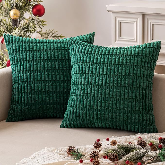 MIULEE Pack of 2 Dark Green Corduroy Decorative Euro Sham Pillow Covers 24x24 Inch Soft Boho Striped Throw Pillow Covers Modern Farmhouse Home Decor for Sofa Living Room Couch Bed