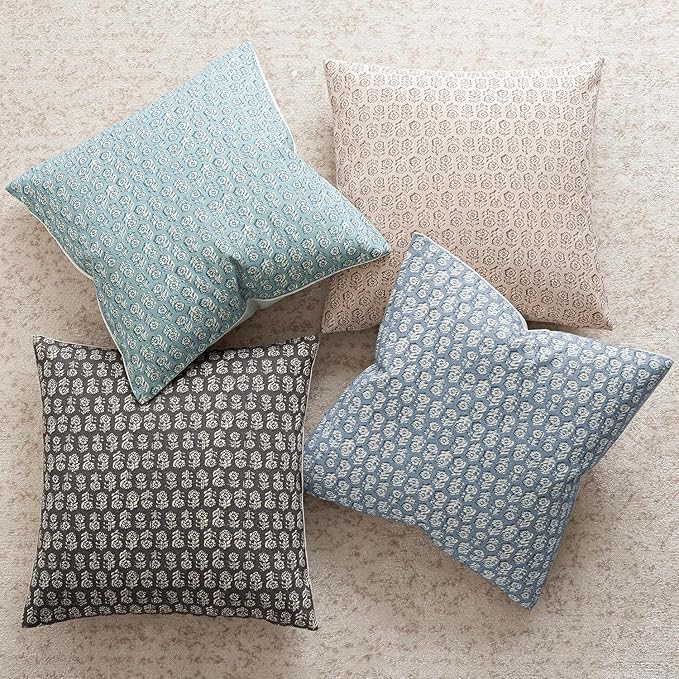 Foindtower Set of 2 Decorative Neutral Floral Print Throw Pillow Covers Vintage Accent Farmhouse Cushion Covers Boho Home Decor for Sofa Chair Couch Bedroom Living Room Outdoor,18×18 Inch,Sky Blue